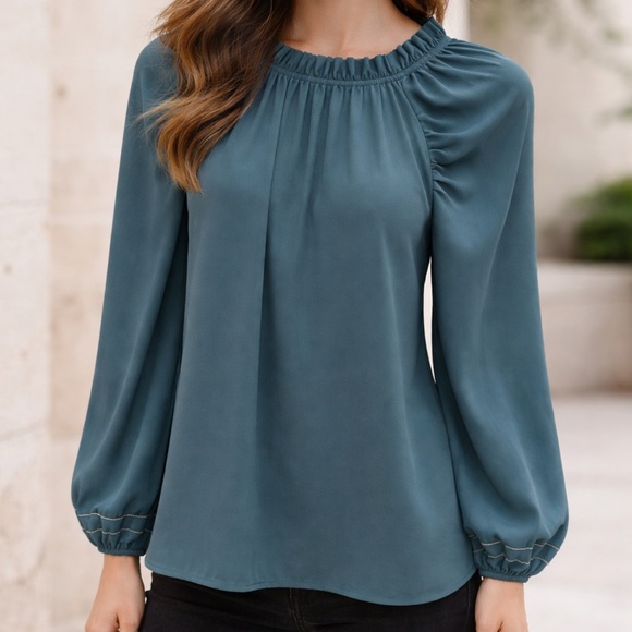Brochu Walker Tops - Brochu Walker Gathered Neck Blouse In Teal Size M